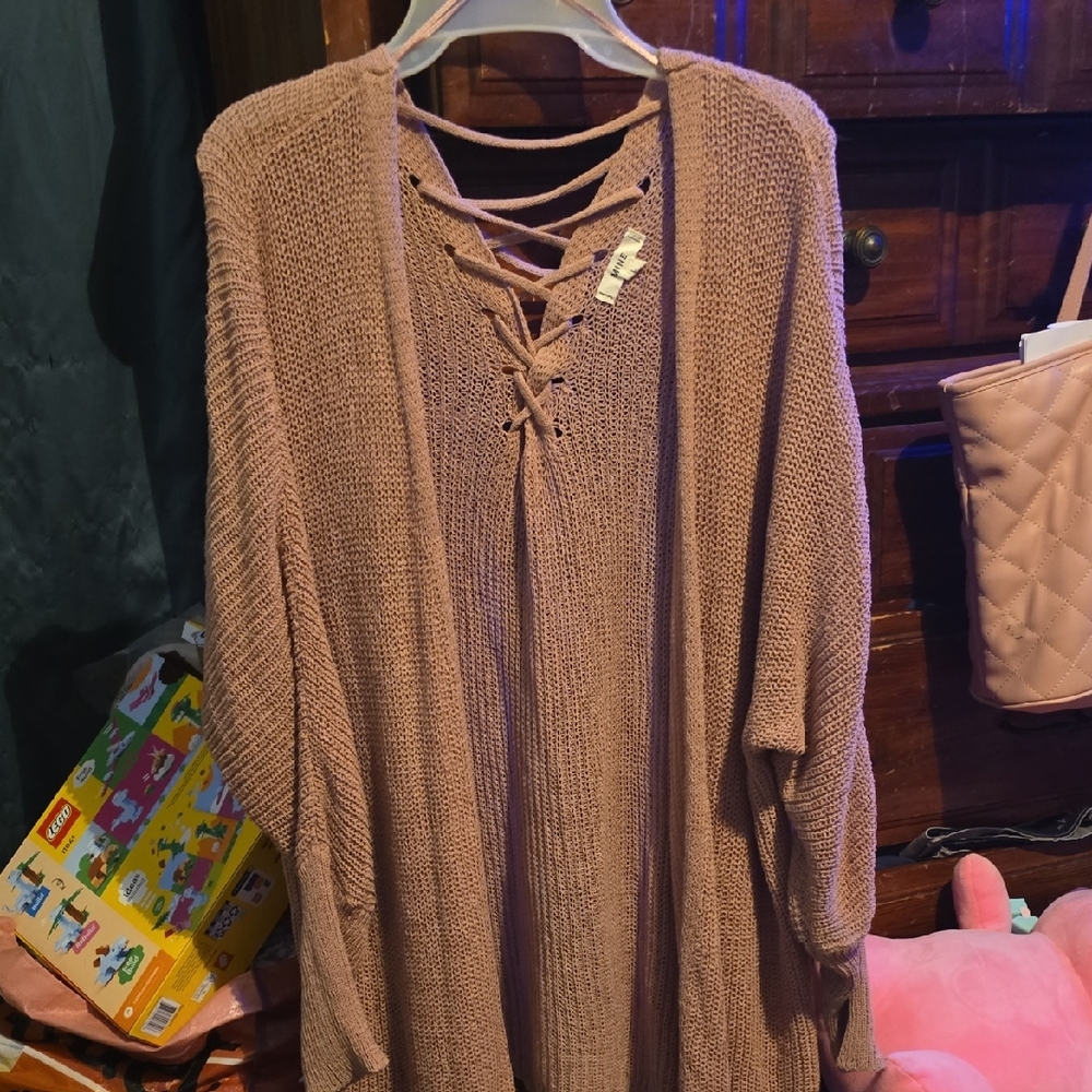 !!.            ...Ladies L  Lace-Up Knit Cardigan - Brown